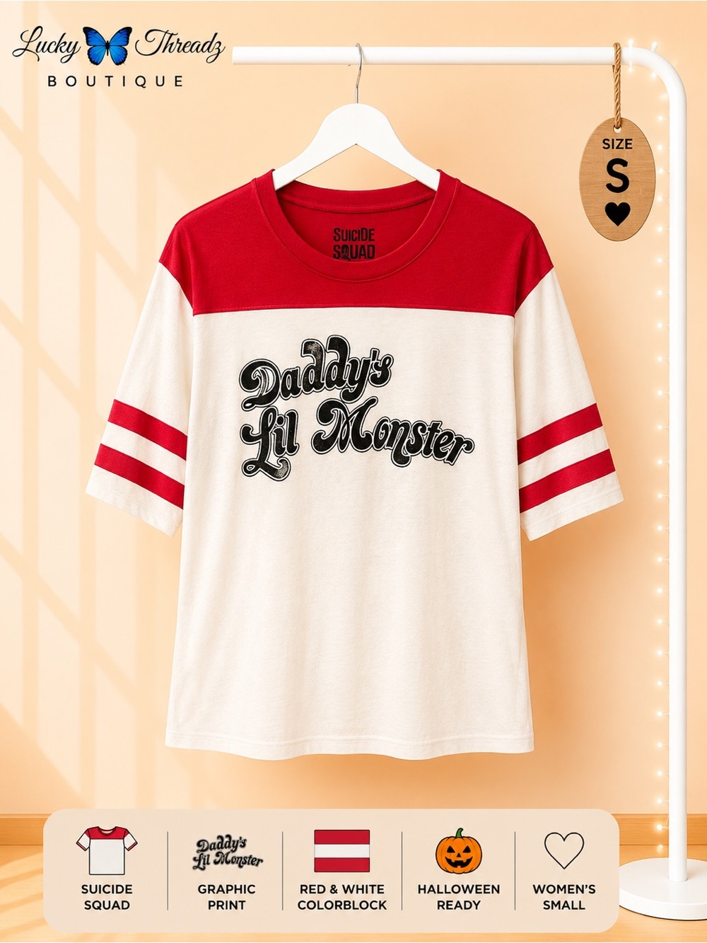 Suicide Squad 'Daddy's Lil Monster' Colorblock Tee - Red & White Small